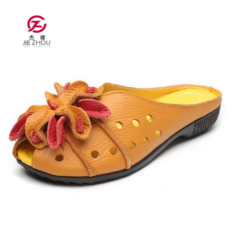 

Summer Slippers Genuine Leather Shoes Woman Slippers Slip-On Outdoor Slippers Flower Handmade Women Shoes Flat with Sandals