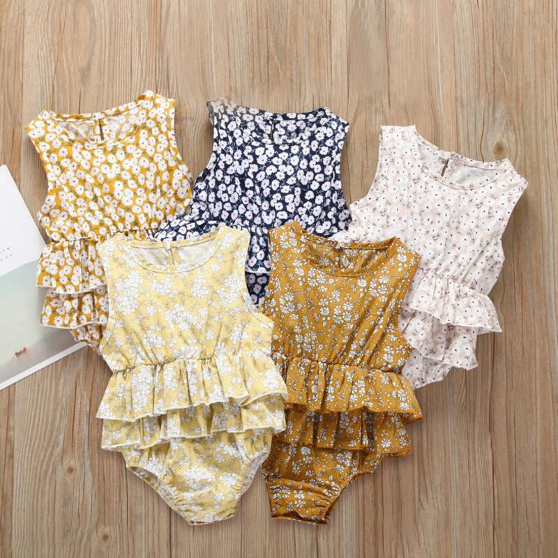 

Toddler Baby Girls Floral Printed Bodysuit Newborn Infant Ruffles One Piece Jumpsuit Cotton Sleeveless Sunsuit Clothes Outfits