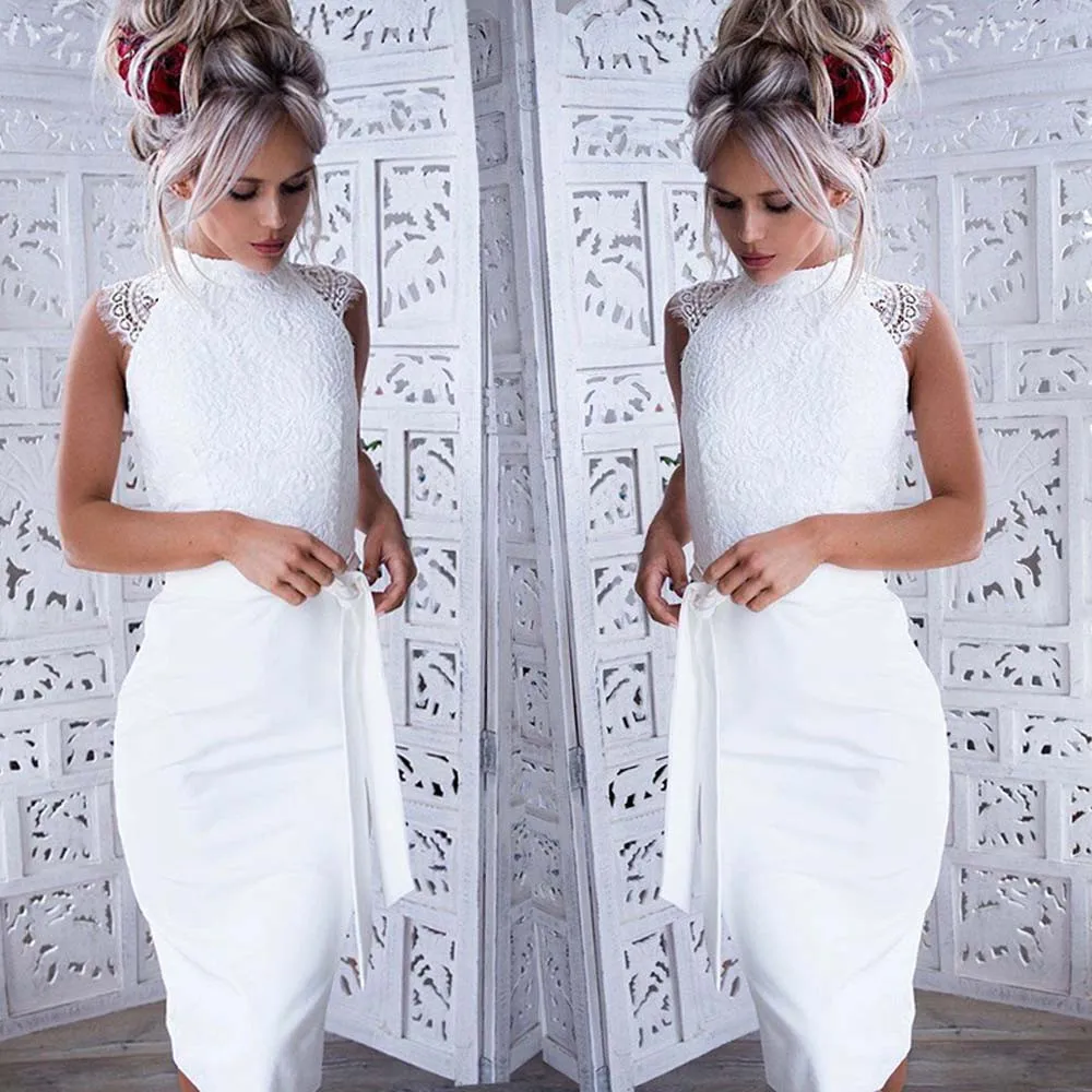 

Women Slim Summer Lace Stitching Sleeveless Dress Princess Dress With Belt 401#