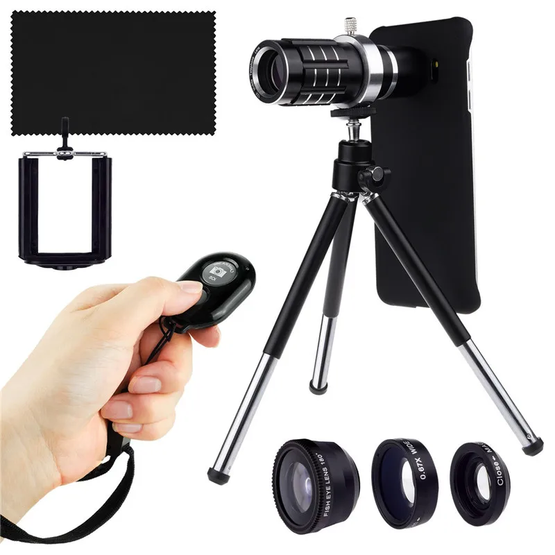 

Camera and Shutter Remote Kit-Holder Cover Case+12x Telescope Optical Lens/3 Awesome Lens+Tripod For Samsung Galaxy S8 + S7 Edge