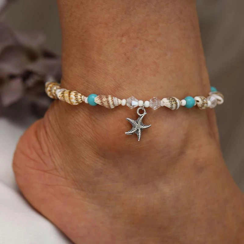 

New Bohemian Shell Crystal Beaded Anklets For Women Starfish Stone Barefoot Beach Ankle Bracelet Foot Summer Jewelry AB017