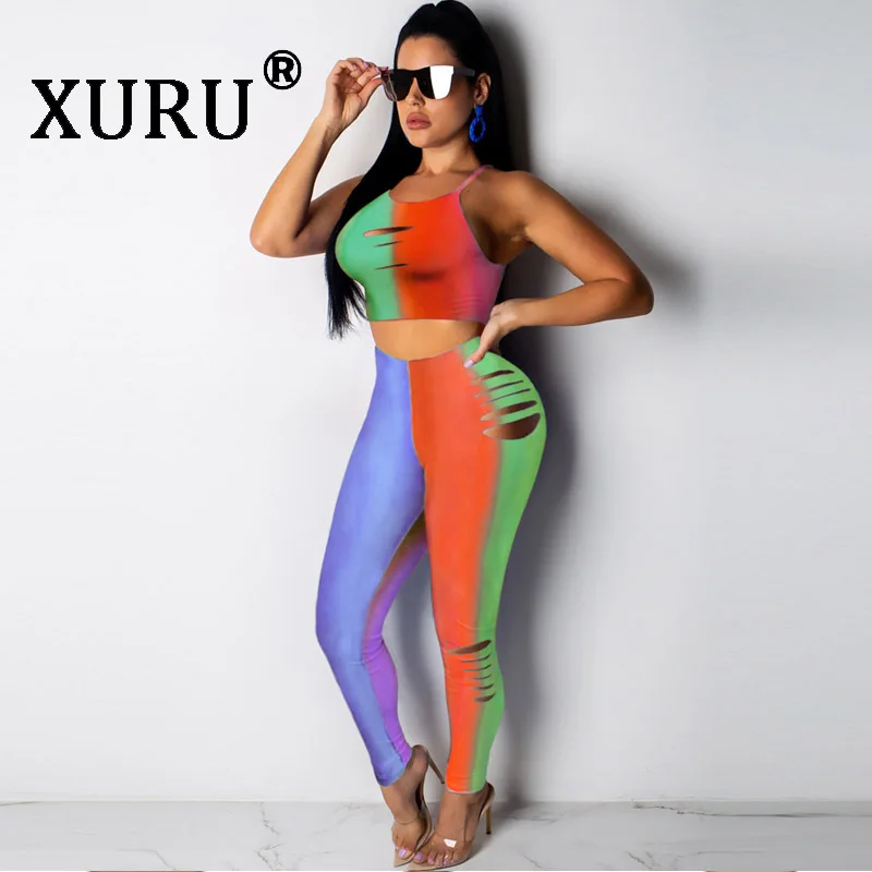 

XURU Summer New Women's Leotard Two-piece Sexy Nightclub Gradient Hole Sling Jumpsuit Sleeveless Print Jumpsuit Set