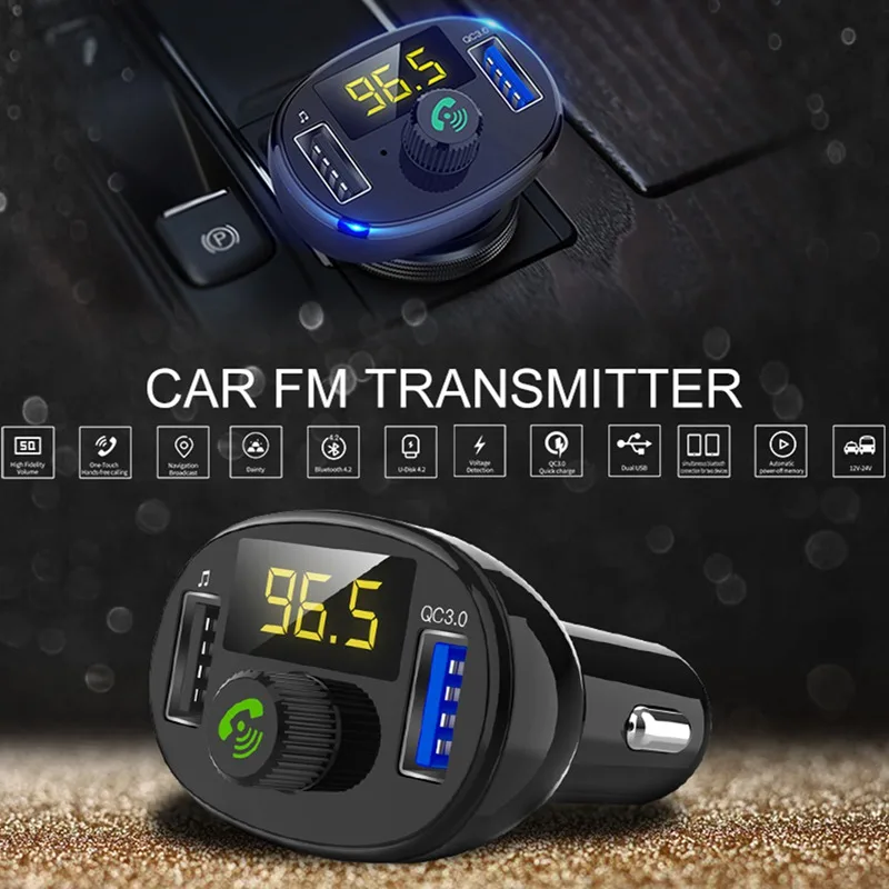 VicTsing Wireless Bluetooth Car FM Transmitter Radio Hands-Free Car Kit Double USB Charger Fast Charging Module Black 5V3A      (2)