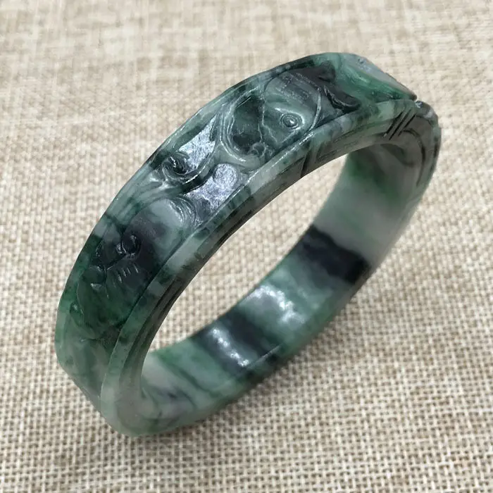 

59mm Vintage Chinese Hand-carved Black Green Jadeite Jade Bracelet Bangle 749