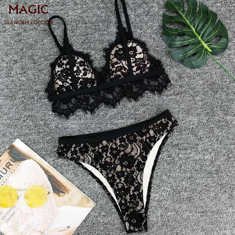 Черные сексуальные кружевные сшитые купальники с рюшами, Треугольные бикини с высокой талией, женский пляжный купальник для отдыха, пуш-ап купальники для женщин