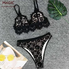 Черные сексуальные кружевные сшитые купальники с рюшами, Треугольные бикини с высокой талией, женский пляжный купальник для отдыха, пуш-ап купальники для женщин