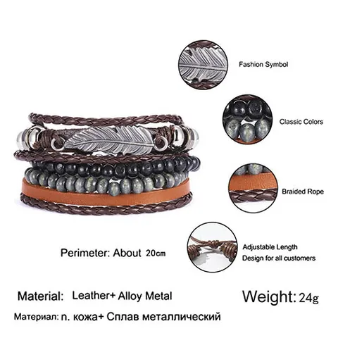 Men Vintage Leaf Feather Multilayer Leather Bracelet Fashion Handmade Braided Rope Wrap Bracelets & Bangles Male Gift