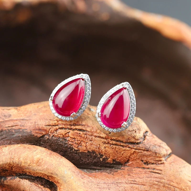 

LouLeur 925 sterling silver Red corundum earrings red handmade openwork design natural red jade stud earring for women jewelry