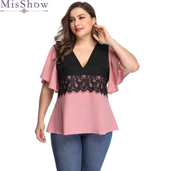 

Women Loose Blusa Feminina 2019 Summer Casual Plus Size 4XL 5XL Ladies Tops Fashion Chiffon Blouse Flare Sleeve Lace Shirt