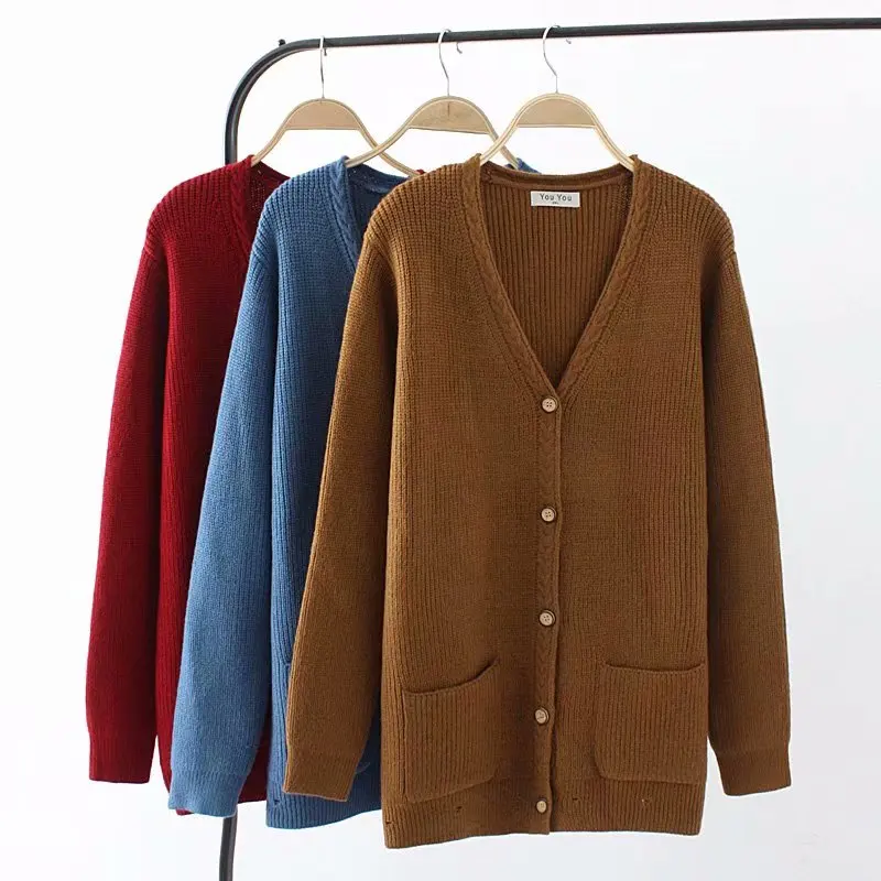 

Plus size knitted wool women Cardigan coat 2018 autumn blue & dark red & Caramel color ladies sweater female knitwear coat 4XL
