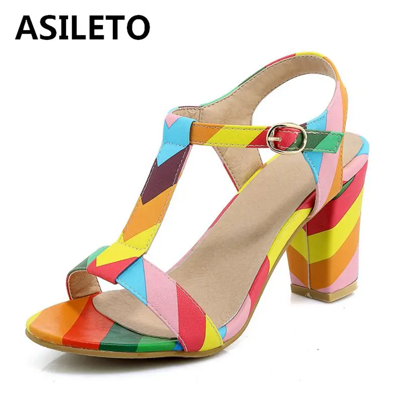 

ASILETO large Size 33 44 women gladiator sandals high heels t strap roman sandales open toe printing mixed color summer shoes