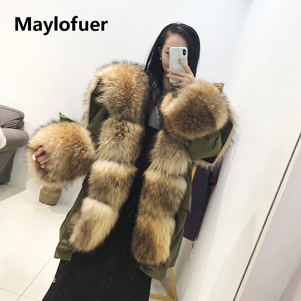 

Maylofuer New High Quality Real Raccoon Fur Parka Warm Removable Down Liner Parkas Women Real Fur Coat with Fur Cuffs
