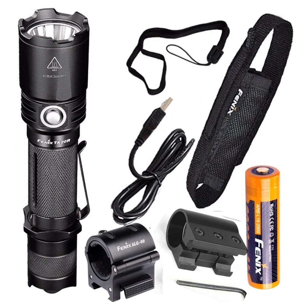 

Fenix TK20R 1000 Lumens High Capacity USB Rechargeable LED Tactical Flashlight + Battery ALG 00 mount ALG-01 weapon rail mount