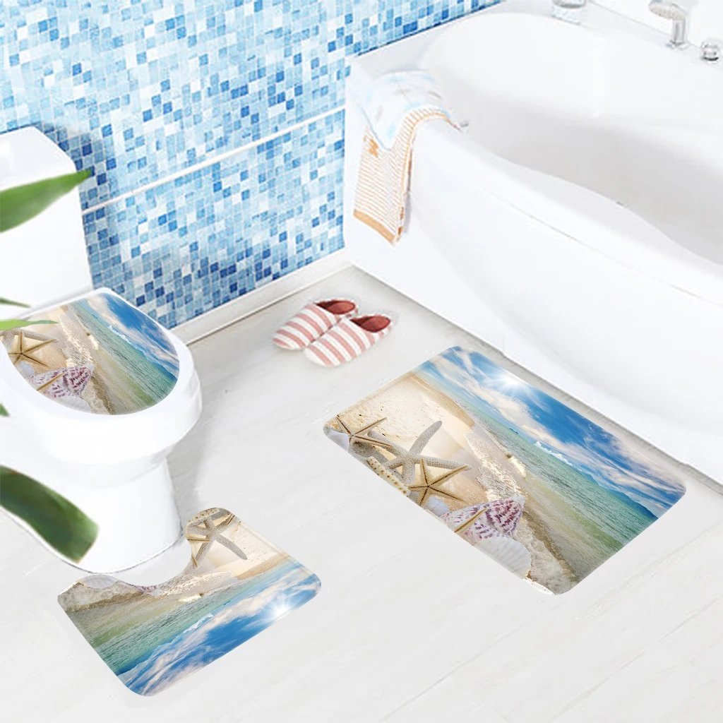 3pcs Bathroom Rug Set Beaches Sea Summer Ocean Seashells Starfish