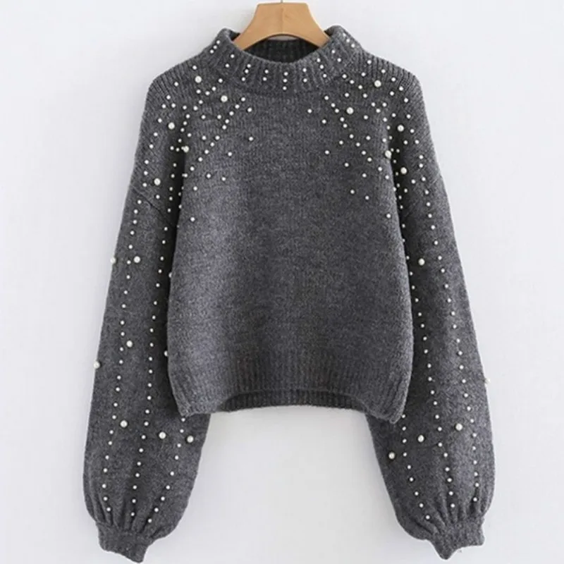 

Spring Autumn 2019 Fashion Women Beading Sweaters Lantern Sleeve Pullovers Loose Plus Size Casual Female Jumpers knitted Pull