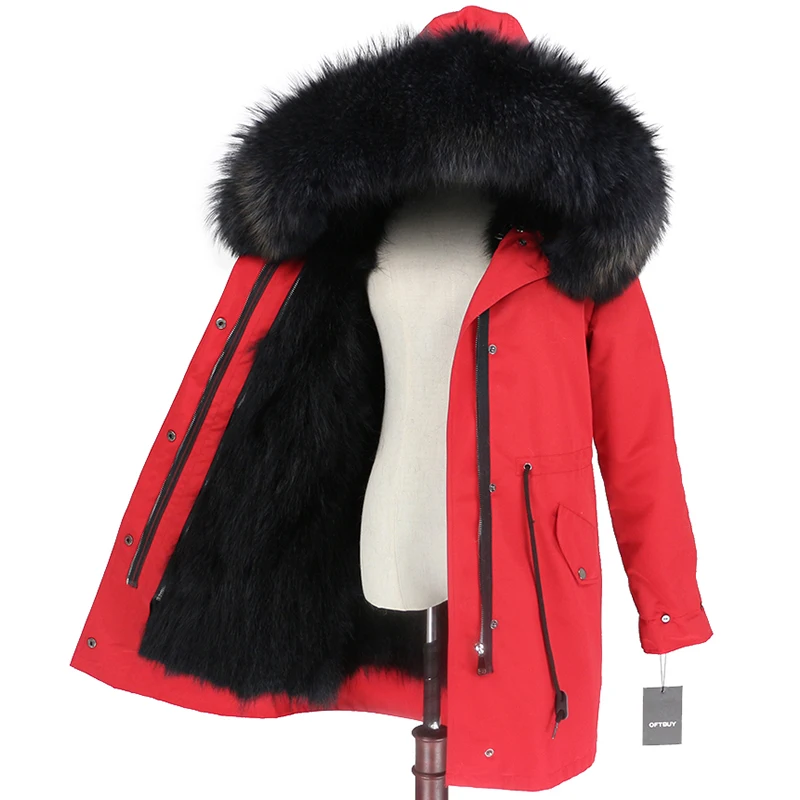 red black grey OFTBUY шуба из натурального Лисьего меха, Женская парка, зимняя куртка, натуральный мех енота, Отделка капюшона, длинная верхняя одежда, съемная, водонепроницаемая, роскошная - Цвет: red black grey