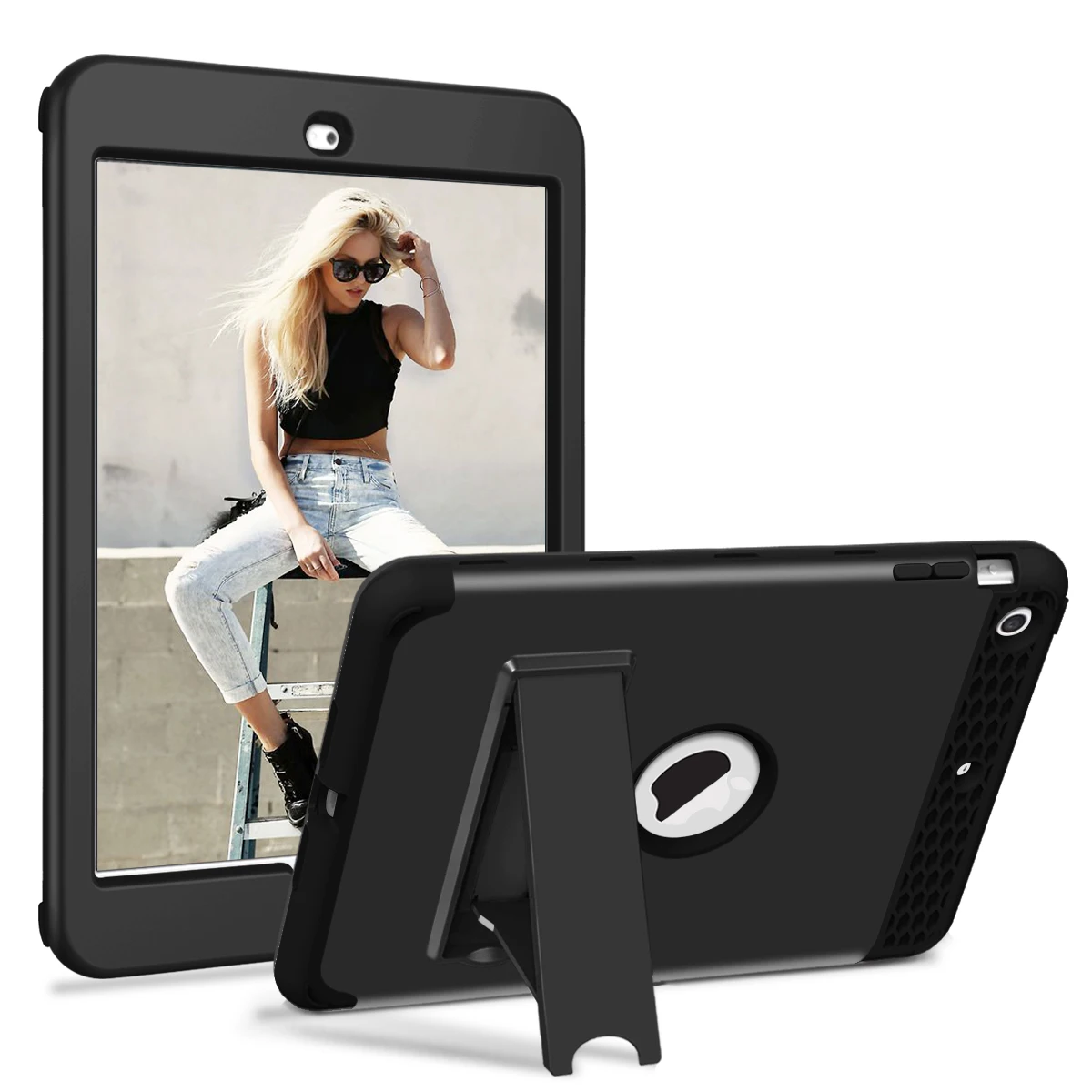 Для iPad Mini 3/Mini 2 iPad Mini чехол, сверхмощный защитный жесткий пластиковый чехол+ ударопрочный абсорбирующий силиконовый чехол с подставкой - Цвет: Black Black