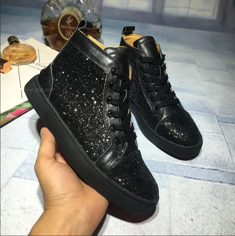

Shiny BlingBling colorful sequin rivets High-top women Patchwork genuine Leather Sneakers luxury Diamond red brand Casual Shoes