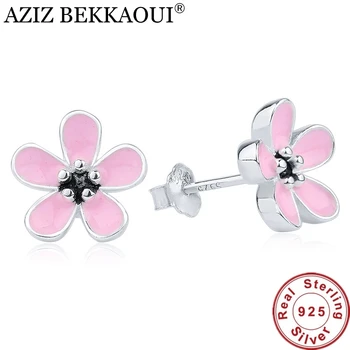 

European Original 3 Color Cherry Blossom Stud Earrings for Women White/Pink Enamel Flower 925 Sterling Silver Earring Pendientes