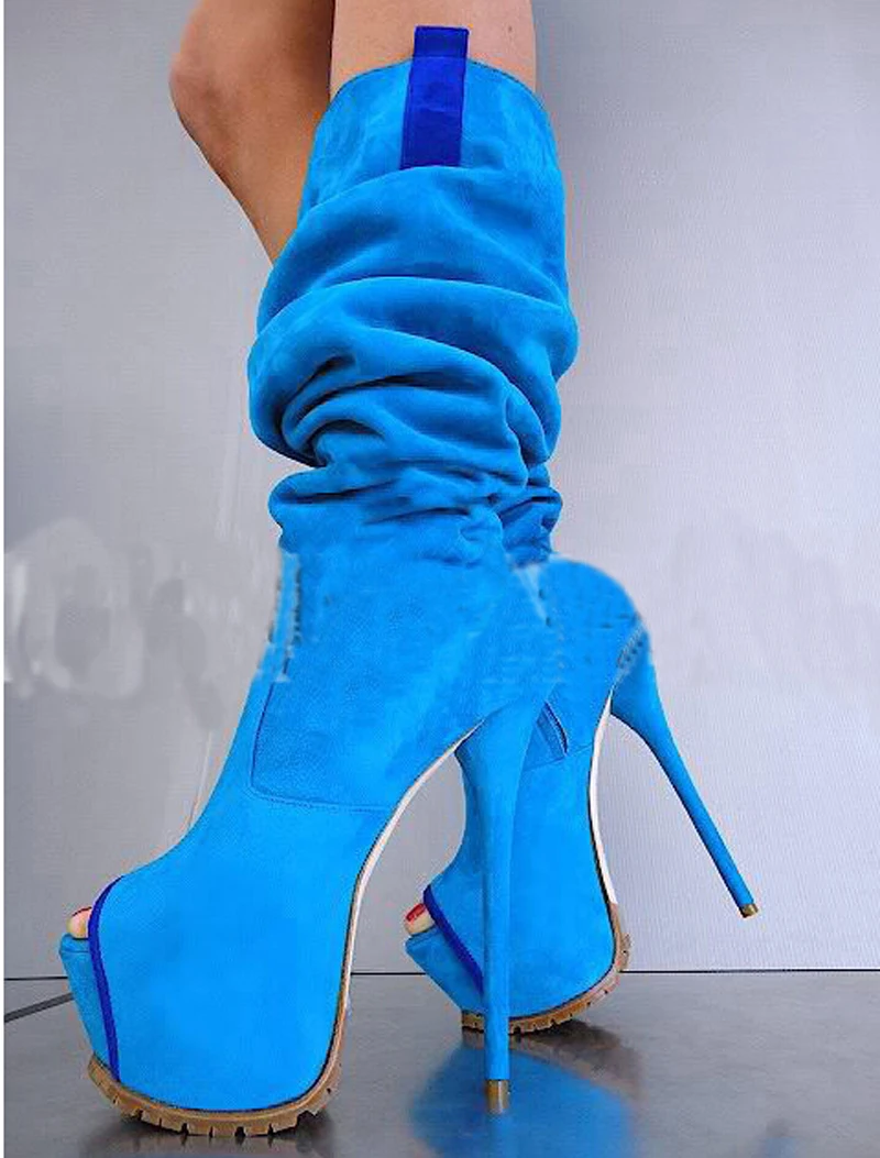 Spring New Fashion Women Open Toe Denim Design Knee High Platform Boots Stiletto Heel Long Blue Pink High Heel Boots Gladiator