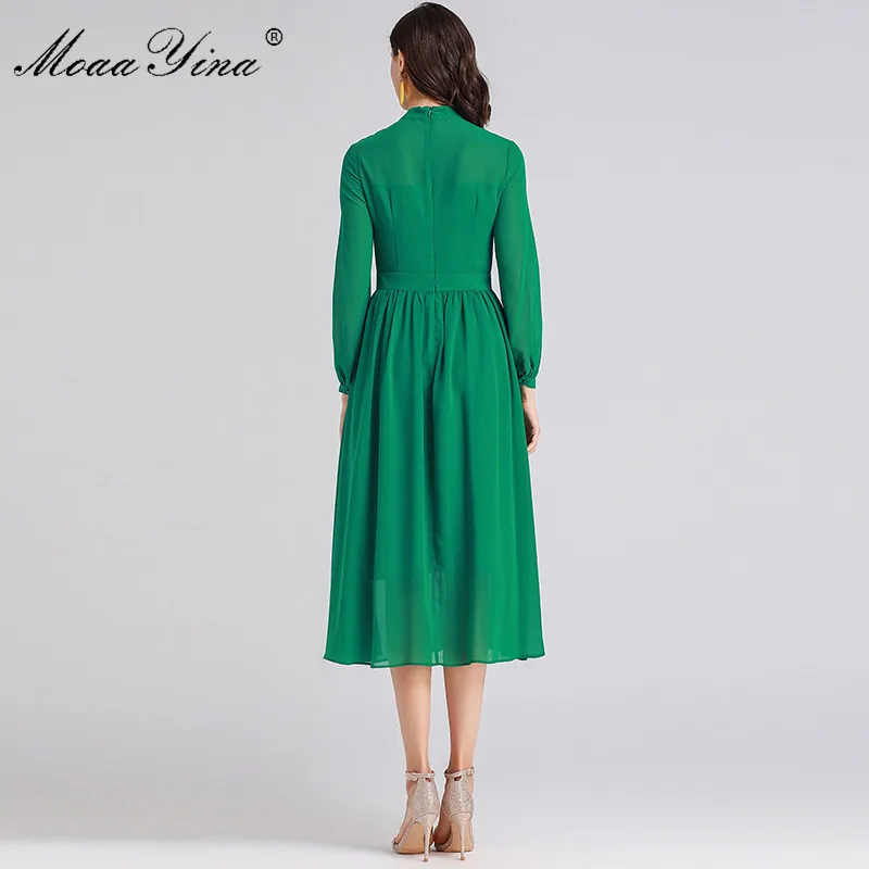 MoaaYina Fashion Designer Runway dress Spring Summer Women Dress Bow collar Ruffles Long sleeve Slim Elegant Dresses