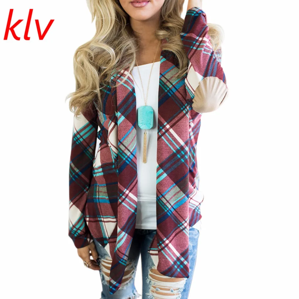 Women's Plaid Print Long Sleeve Elbow Patch Draped Open Front Cardigan