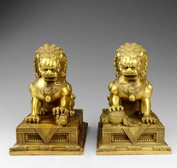 

10 China Brass Copper Fengshui Fu Foo Fog Lion Guardian Palace Door Statue Pair