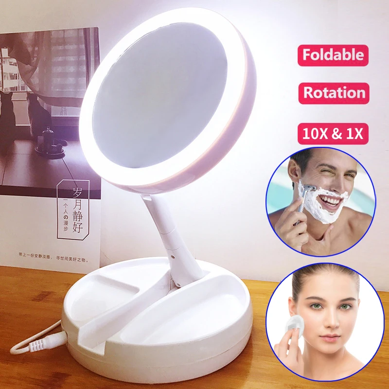 

LED lights Mirror Folding 10x Magnification Makeup Mirror Compact Stand Hand Cosmetic Mirror Woman Pocket Mirrors Make Up Vanity