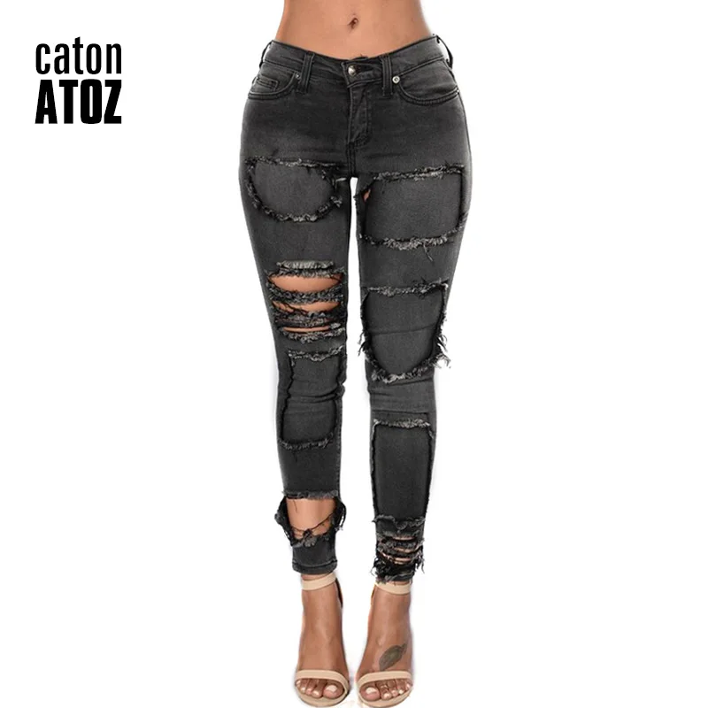 

catonATOZ 2098 New Fashion Ladies Denim Pants Stretch Womens High Street Jeans Faded Black Ripped Skinny Jeans Female