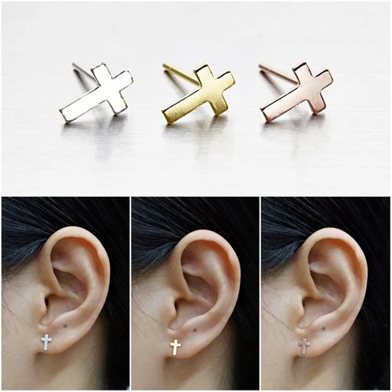 Геометрические золотые серьги-гвоздики с крестом для женщин, христианские ювелирные изделия из нержавеющей стали, религиозный подарок, женские серьги