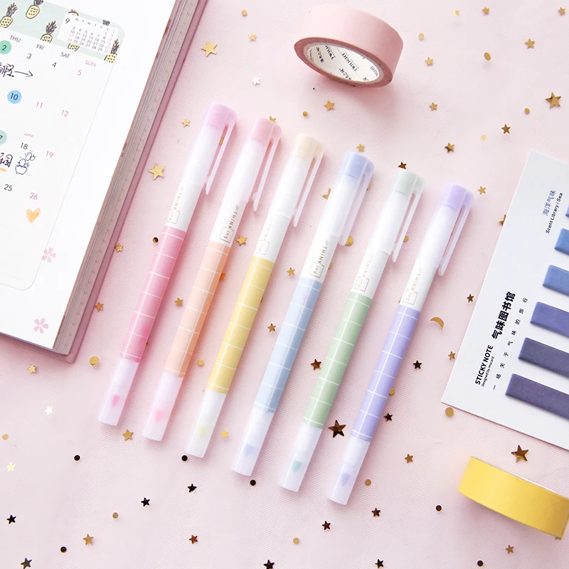 

Dual-side Writing Highlighter Pens 6 colors both oblique and round toe fluorescent marker grid style candy color stationery 6pcs