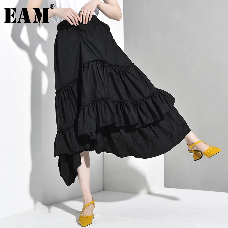 

[EAM] 2019 New Spring Autumn High Elastic Waist Black Pleated Layers Ruffless Cake Half-body Skirt Women Fashion Tide JL6390