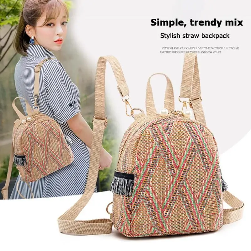 Straw Woven Bag Small Travel Backpacks Women Stripe Print Shoulder School Bags Casual Knitting Knapsack Rucksack Mochila Mujer