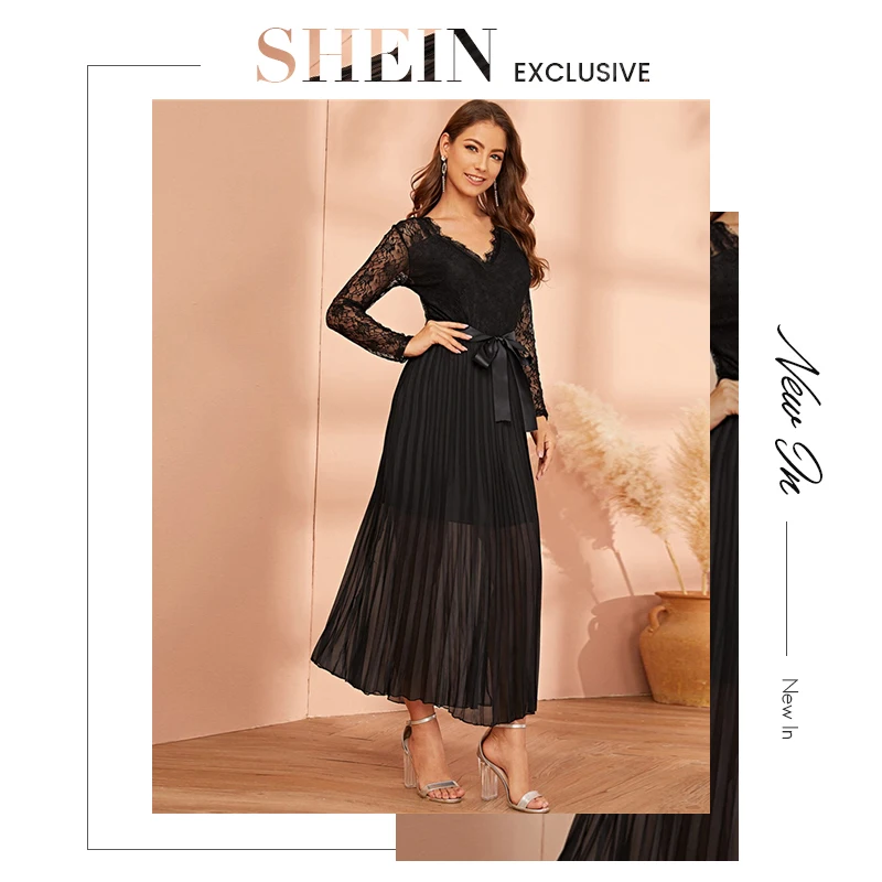 SHEIN, черное кружевное платье с поясом, плиссированное Прозрачное платье, женское осеннее платье с v-образным вырезом, облегающее и расклешенное, с высокой талией, вечерние длинные платья