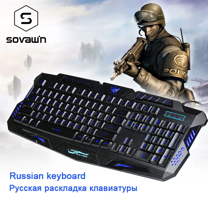 

Sovawin Wired English / Russian Keyboard Red/Blue/Purple Backlight Gaming Keyboard Waterproof design Gamer Computer Peripherals