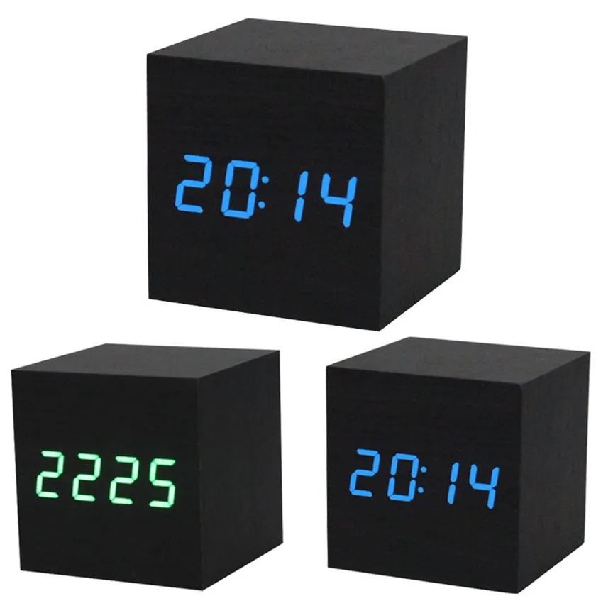 

2017 1PC Dual Power Supply Digital LED Black Wooden Wood Desk Alarm Brown Clock Voice Control #0927 B