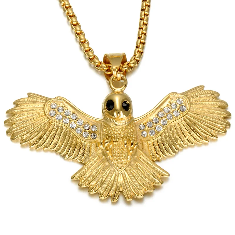 

Hip Hop Micro Pave CZ Bird Necklace Stainless Steel Iced Out Bling Spread Wings Owl Pendants Necklaces Men Jewelry