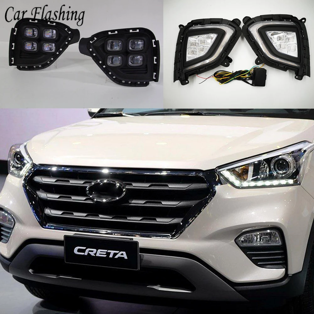 

Car flashing 1Pair DRL For Hyundai Creta IX25 2017 2018 LED Daytime Running Light fog lamp DRL with yellow turning signal lamp