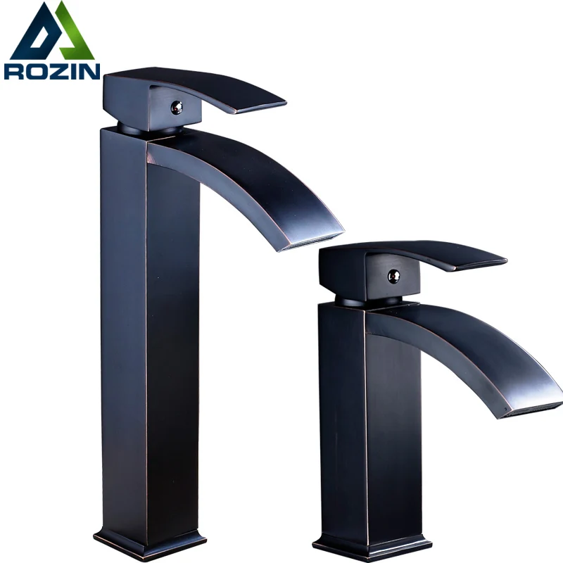 Deck Mounted Black Basin Faucet Waterfall Square Bathroom Vessel Sink