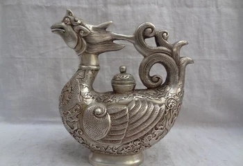 

fast shipping USPS to USA S1266 8" China Silver Bird Dragon Phoenix Flagon Statue Bronze Flower Teapot Wine Pot