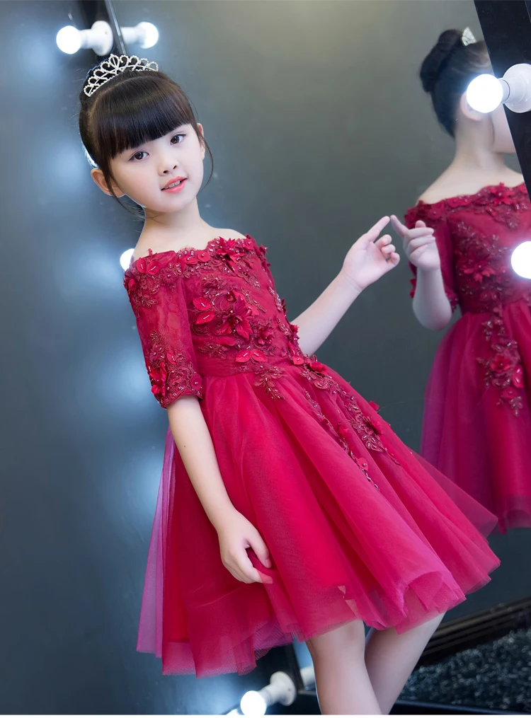 Коллекция года, красное платье из тюля с открытыми плечами и цветочным узором для девочек, свадебная аппликация, нарядное платье для девочек на день рождения бальное платье принцессы