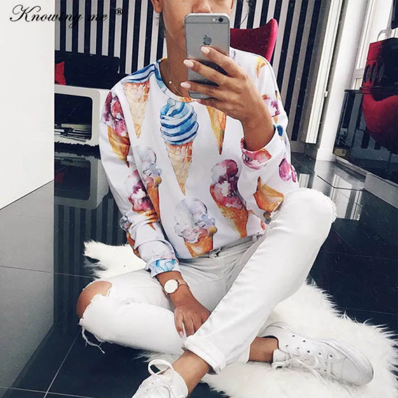 

Knowing me 2019 summer Ice cream print blouse Shirts women casual long sleeve O neck blusa Elegant floral plant Print pullover