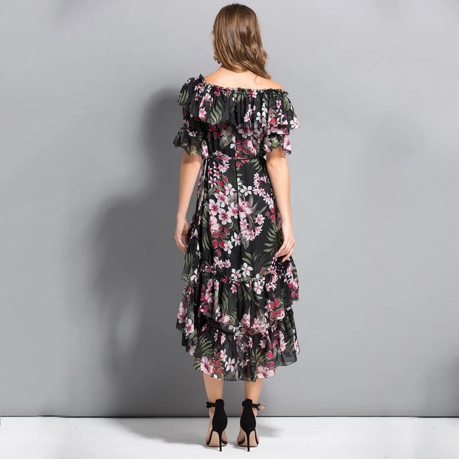SEQINYY шифоновое платье с цветочным принтом, летнее Новое Женское модное подиумное элегантное платье с вырезом лодочкой и листьями лотоса