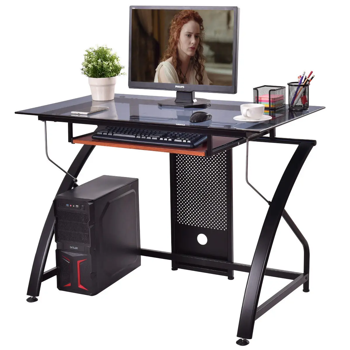 Glass Top Pc Laptop Table Computer Desk Home Office Workstation