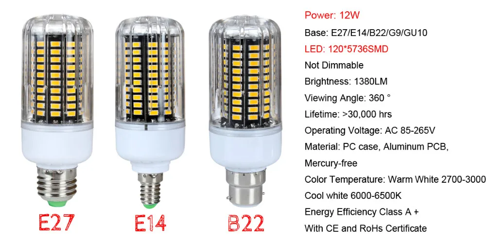 E14 E27 G9 GU10 B22 5736 SMD лампа Кукуруза лампы 85-265V 3W 5W 7W 9W 12W Светодиодный свет энергосберегающие лампы