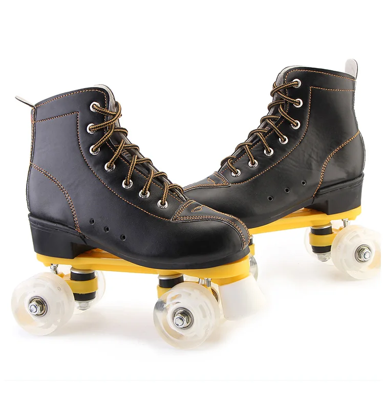 Белые Черные двухрядные коньки для взрослых четырехколесные роликовые коньки, ботинки для начинающих Скейтер обувь специальная - Цвет: Черный
