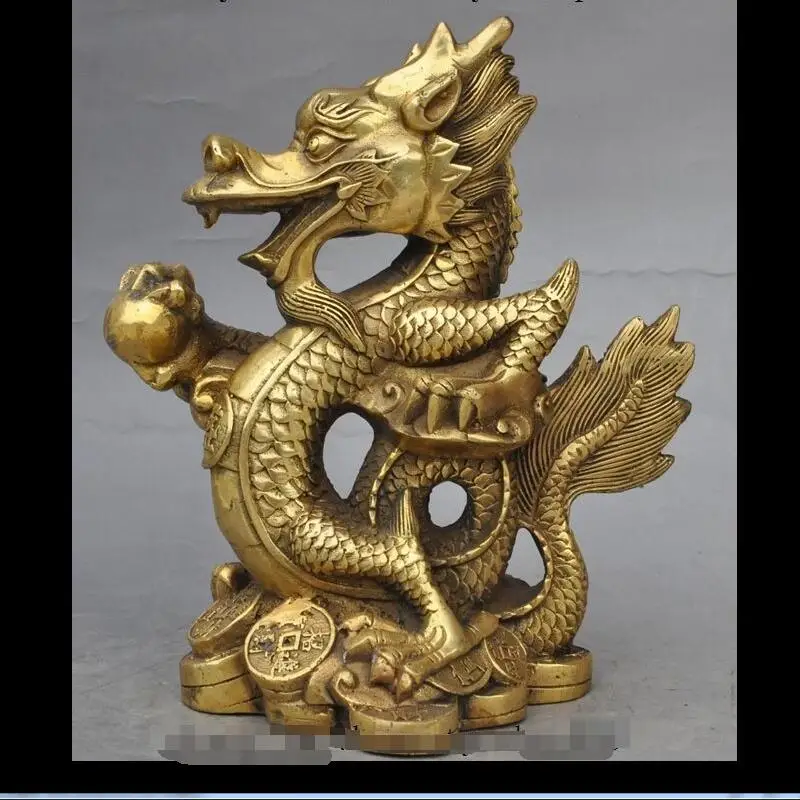 

zhaorui4884383+ +9" Chinese Brass Fengshui Blessing Zodiac Year Dragon play Bead success Statue