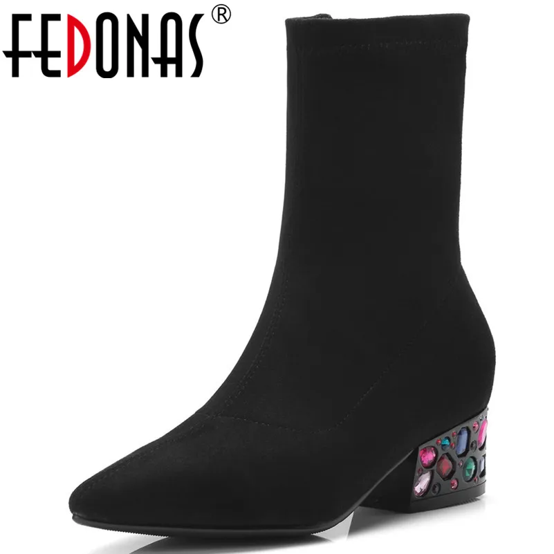 

FEDONAS New Sexy Women Thick High Heels Socks Boots Colorful Rhinestone Heels Party Wedding Shoes Woman Short Basic MartinBoots