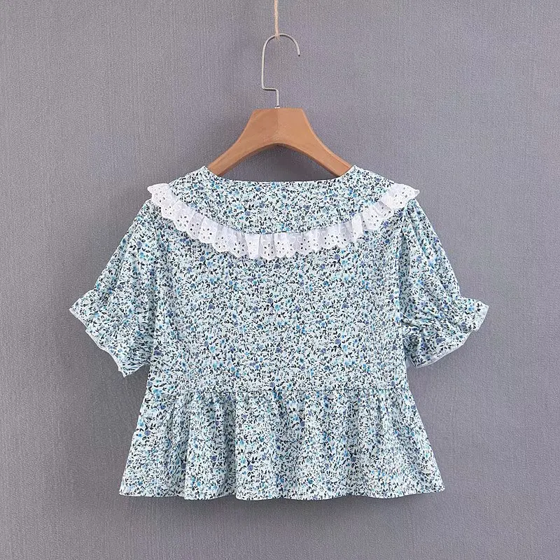 Для женщин Винтаж Питер Пэн воротник блузка Топ синий цветочный принт маленький цветочный блузка с буфами и короткими рукавами Топ Блузка