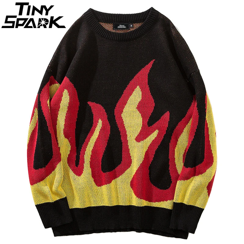 Harajuku Japanese Sweater Pullover Retro Vintage Fire Flame Mens Knitted Sweater Streetwear 